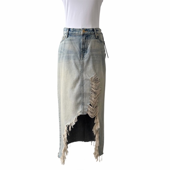 7 For All Mankind Denim Midi Skirt Asymmetrical Raw Hem NWT Size 25 Peaches - Picture 4 of 13